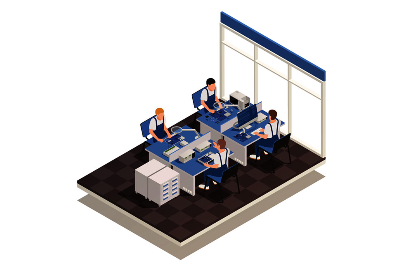 Изометрична векторна илюстрация на гаранционно обслужване с експертна група в офис интериор, работеща с повреждащи устройства на работното им място